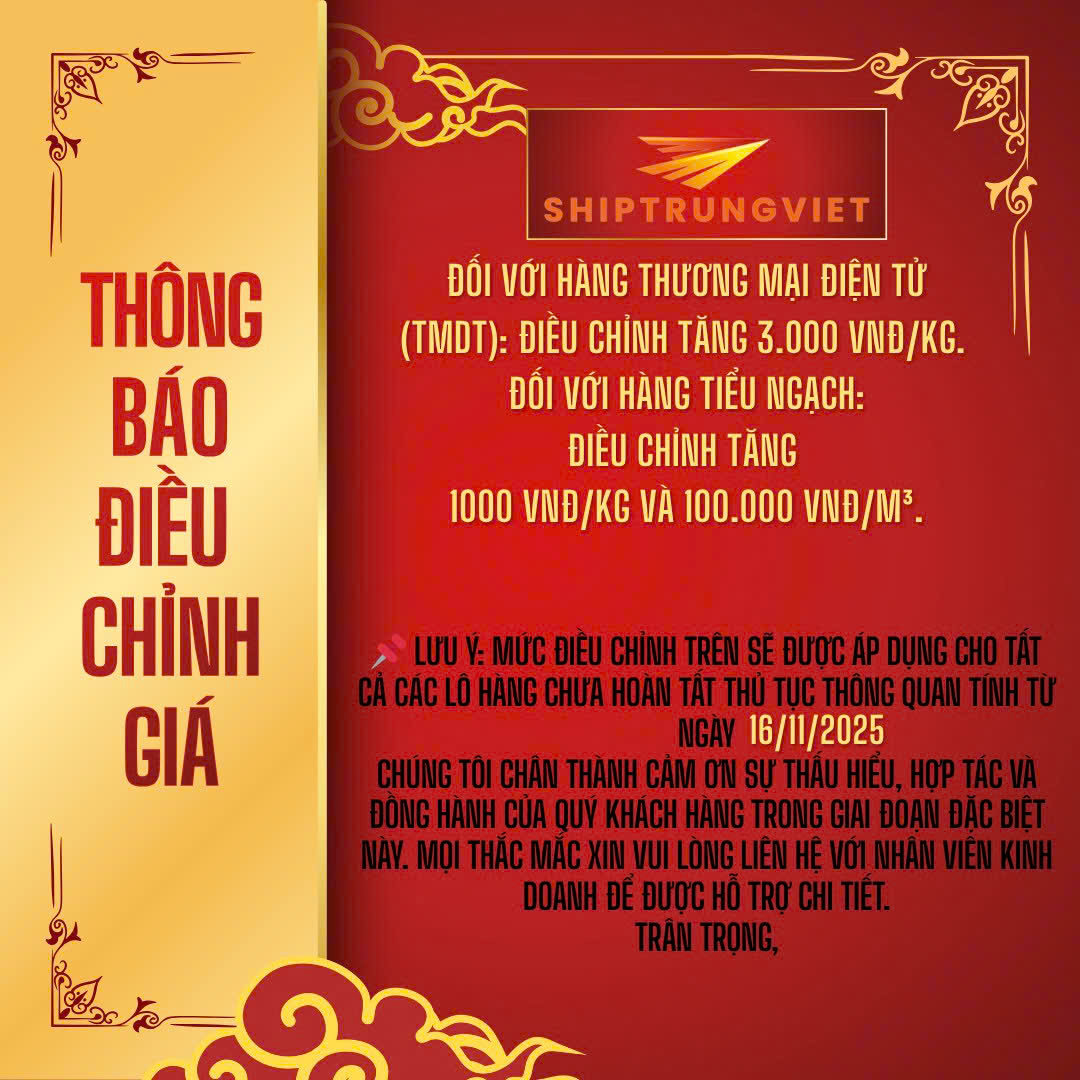 THÔNG BÁO: ĐIỀU CHỈNH CƯỚC VẬN CHUYỂN